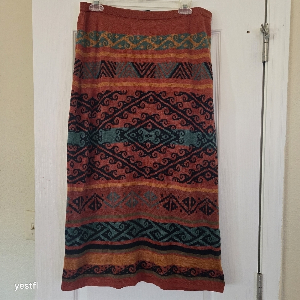 Peruvian Connection southwestern Tribal Batik Midi Skirt Pima Cotton L terracota